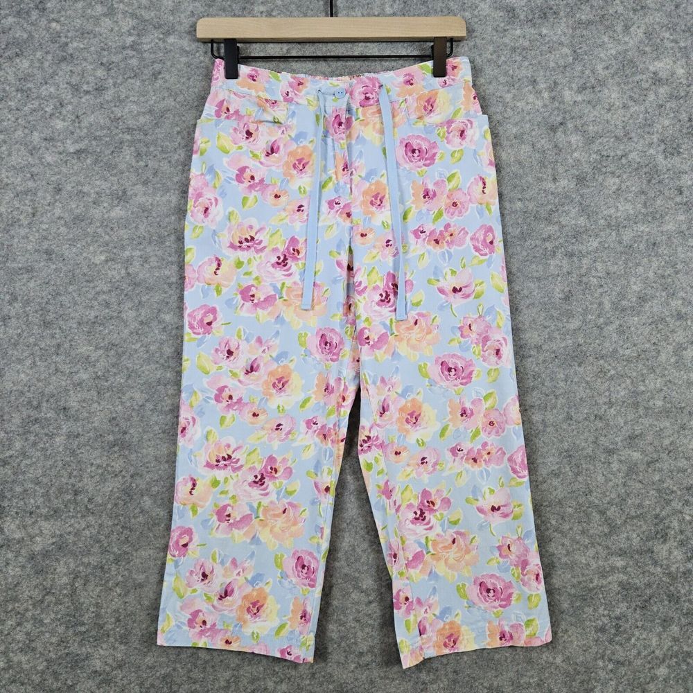 Sag Harbor Sport Capri Pants Blue Pink Floral Size 8P‎ Cotton Spandex Drawstring